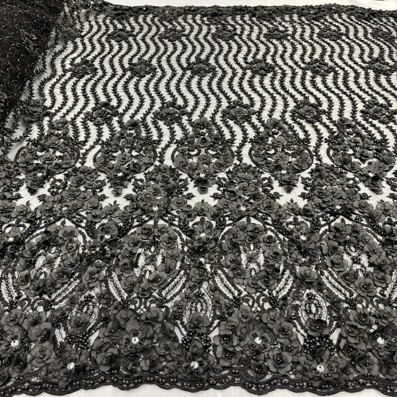 1 Yard Black Beaded 3D Floral Lace Fabric, Embroidered Mesh on 100% Polyester, 48" Wide